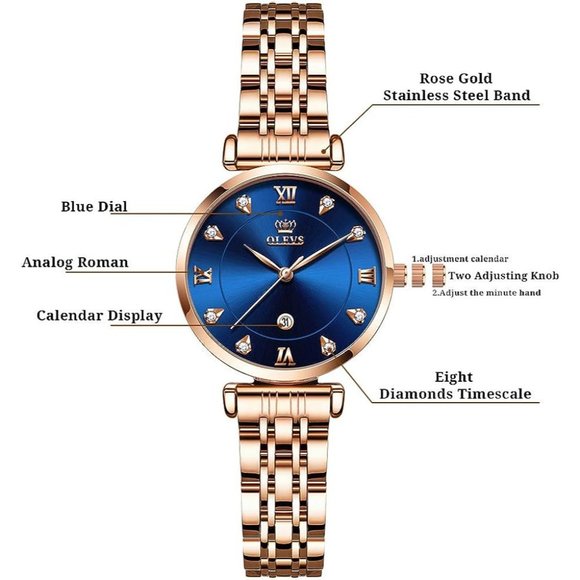 Women Rose Gold Stainless Steel Band Blue Dial Quartz Small Face Watch main image 9